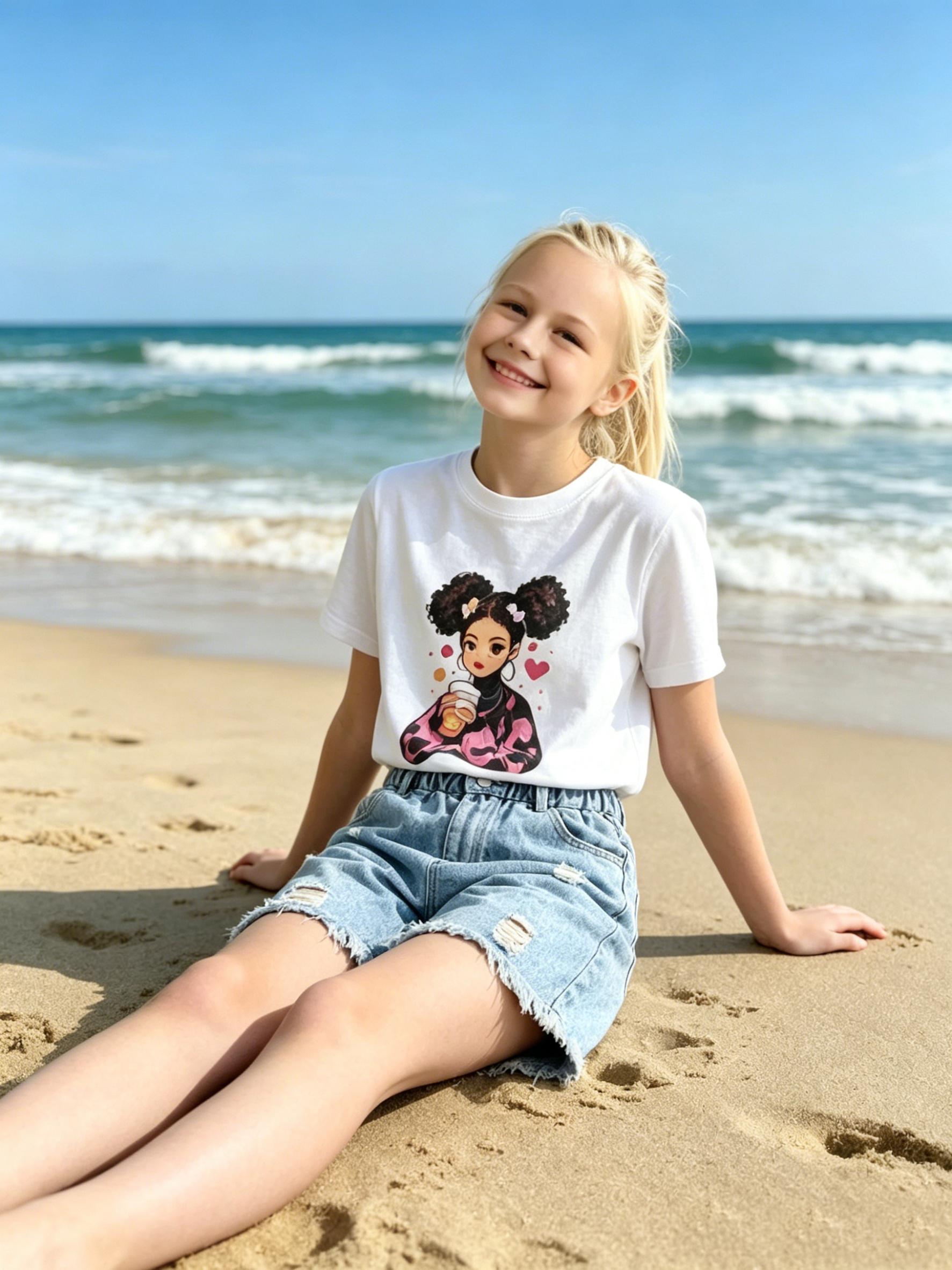 Older Girls 2PCS Ripped Denim Suit with Cartoon Print XS белый