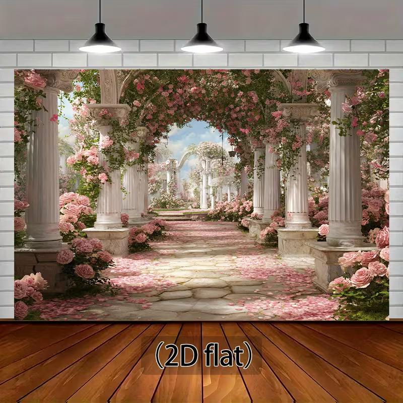 2D Whimsical Palace Garden Backdrop with Blooming Roses and Arches for Poster, Events and Bridal Shoots