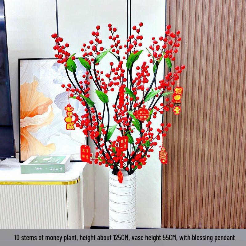 

Новогодняя цветочная композиция «Процветание» с красными ягодами - Искусственные цветы для гостиной, напольное украшение, свадебные и новосельные украшения No Vase