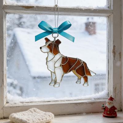 Yousheng Colorful Dog Acrylic Suncatcher Stained Glass Corgi/Bulldog/Chihuahua Ornament Window Christmas Tree Hanging Decor with Bow Holiday Gift