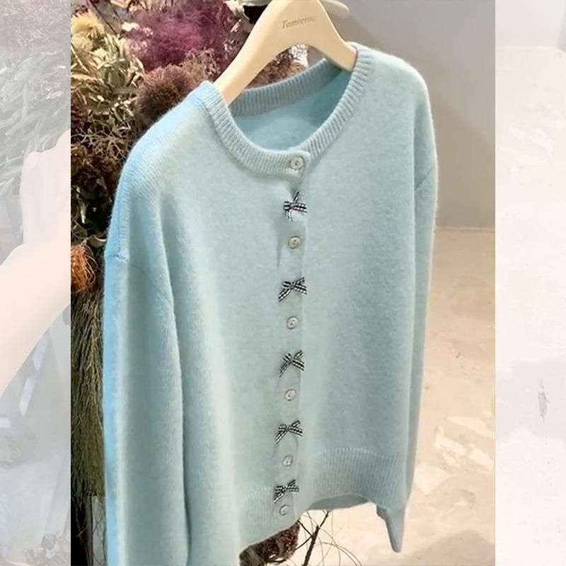 Blue knitted cardigan jacket women's spring and autumn bow sweater wearing raccoon velvet soft waxy top