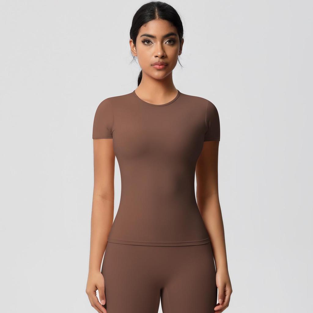 Gebürstetes Nude Slim-Fit Rundhals Yoga-Top - Kurzärmlig, Atmungsaktiv, Vielseitige Sportbekleidung