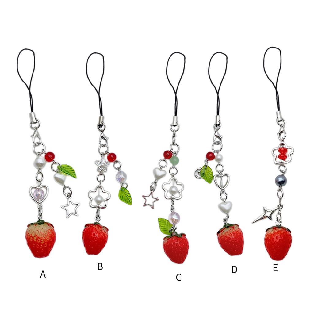 Sweet Strawberry Heart Star Charm Pendant Chain Phone Strap Pocket Keychain Strap Hangings Decoration for Key Bag Purse