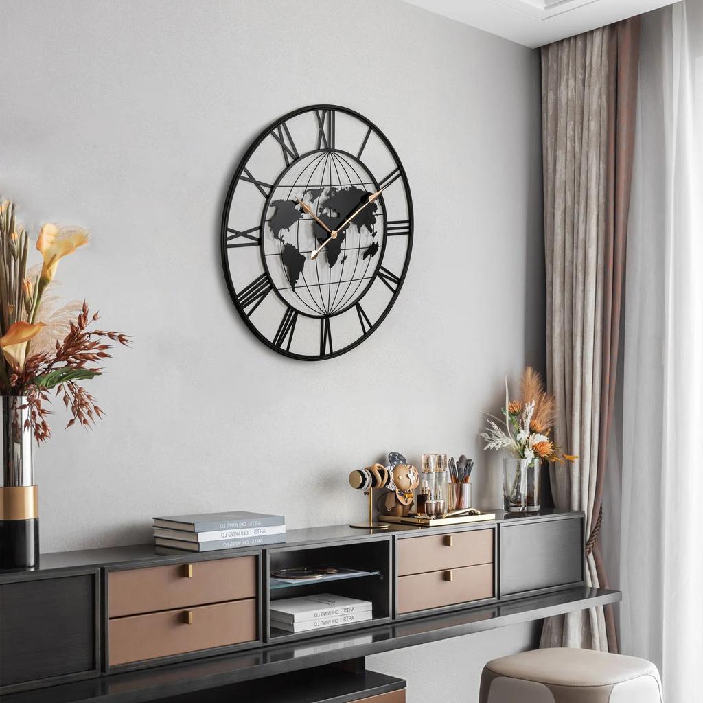 World Map Globe Design Skeleton Wall Clock, Industrial Black Metal Silent Non-Ticking Clock for Living Room Office Decor