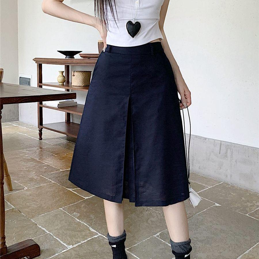 

Women s High Waist Navy Blue A-line Cotton Linen Midi Skirt - Plus Size, Retro Pleated Design for Summer S темно-синий