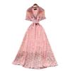 Light luxury French style high-end short-sleeved dress women's summer suit collar lace mesh belt big pendulum long skirt