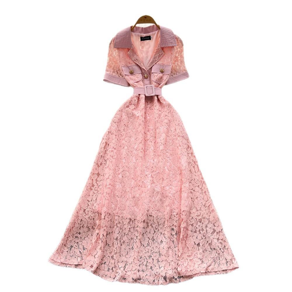 Light luxury French style high-end short-sleeved dress women's summer suit collar lace mesh belt big pendulum long skirt