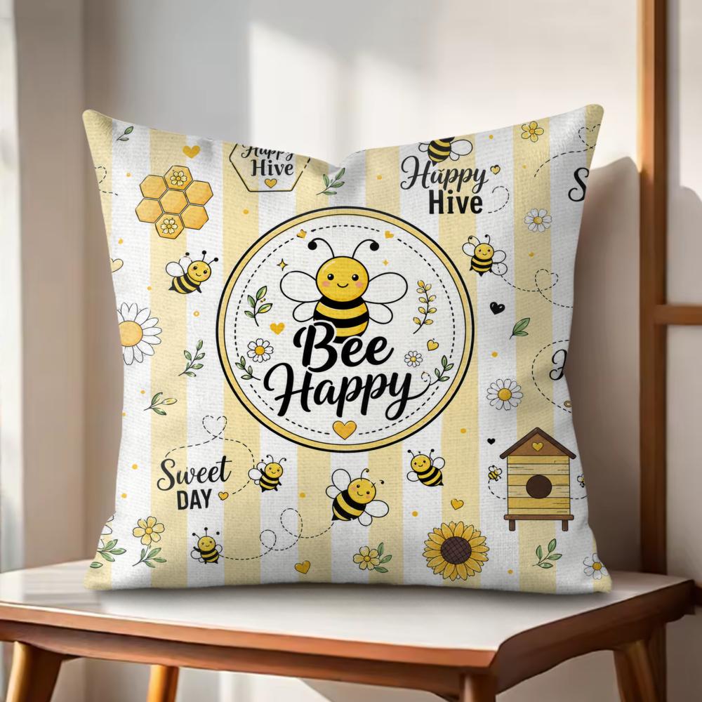 Bee Happy Seamless Cushion Cover Eco Linen Pillow Case DoubleSided Print Breathable Durable Hidden Zipper Home Decor Gift
