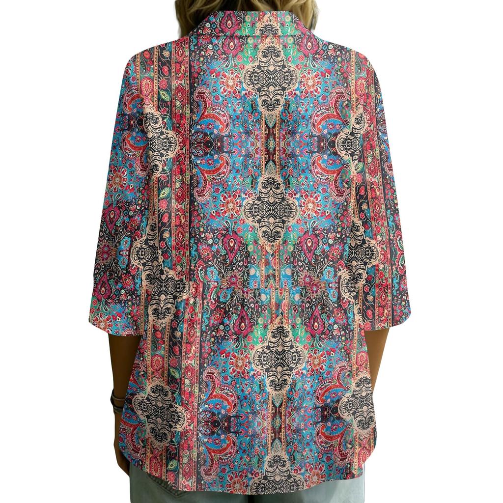 Women Button Front Shirt Vintage Floral Print Three Quarter Sleeve Loose Fit Blouse with Collar Casual Lightweight Top