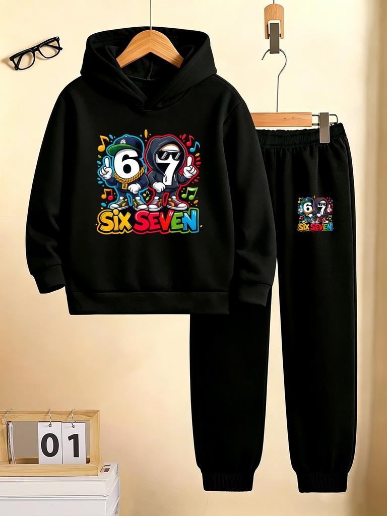 New autumn/winter 2-piece tracksuit set: hooded sweatshirt + long pants, featuring a Halloween-themed SIX SEVEN 67 print.