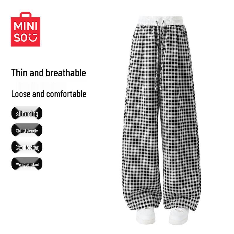MINISO Women s Plaid Seersucker High-Waisted Wide-Leg Pants M