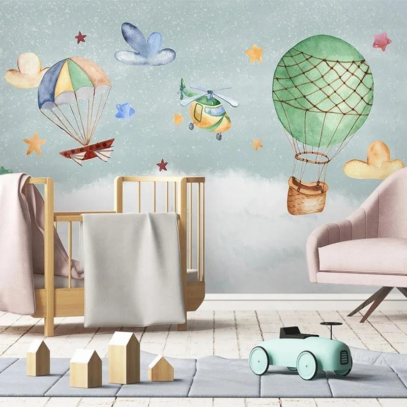 Papel de parede mural nórdico pintado à mão 3D desenho animado avião balão fundo de quarto infantil pintura de parede papel de parede