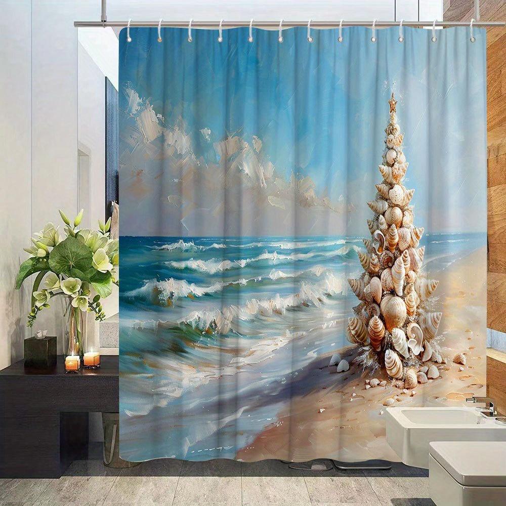 Weihnachts-Duschvorhang - Meeresstrand-Szenerie mit Baum- & Muschel-Design, Kreative Badezimmer-Dekoration, Polyesterstoff, 12 Haken