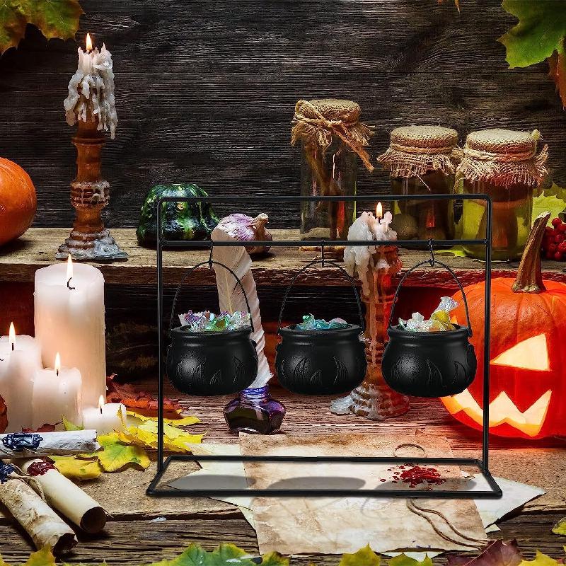 Halloween Decorations Indoor, Halloween Witches Cauldron Candy Serving Bowls On Rack, Black Plastic Cauldron with Skeletons