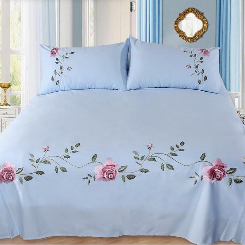 WOSTAR Rose Flora Embroidery Design Flat Bed Sheet Solid Colour Cotton Twill Linen Bedding Luxury Home Textiles Queen King Size