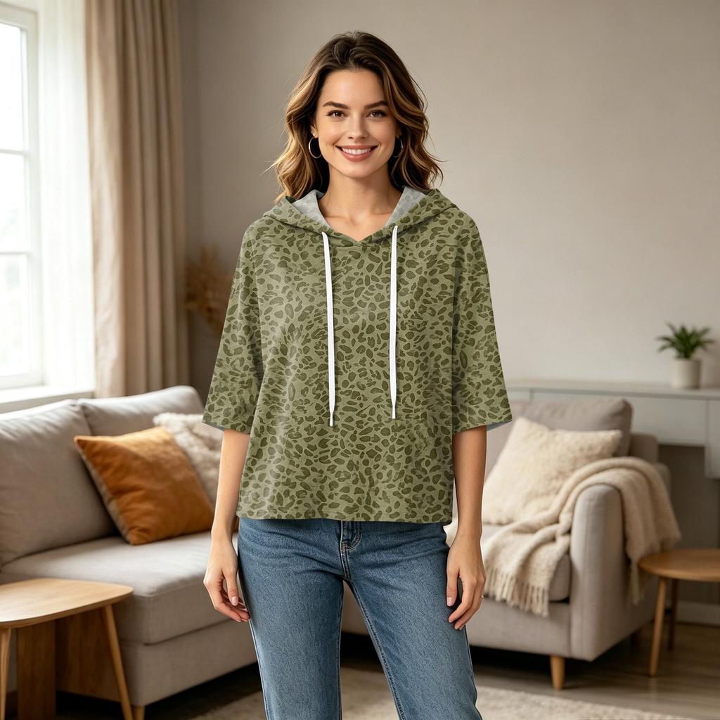Damenmode Lässig 3/4 Ärmel Leopardenmuster Kapuzen-T-Shirt für den Alltag