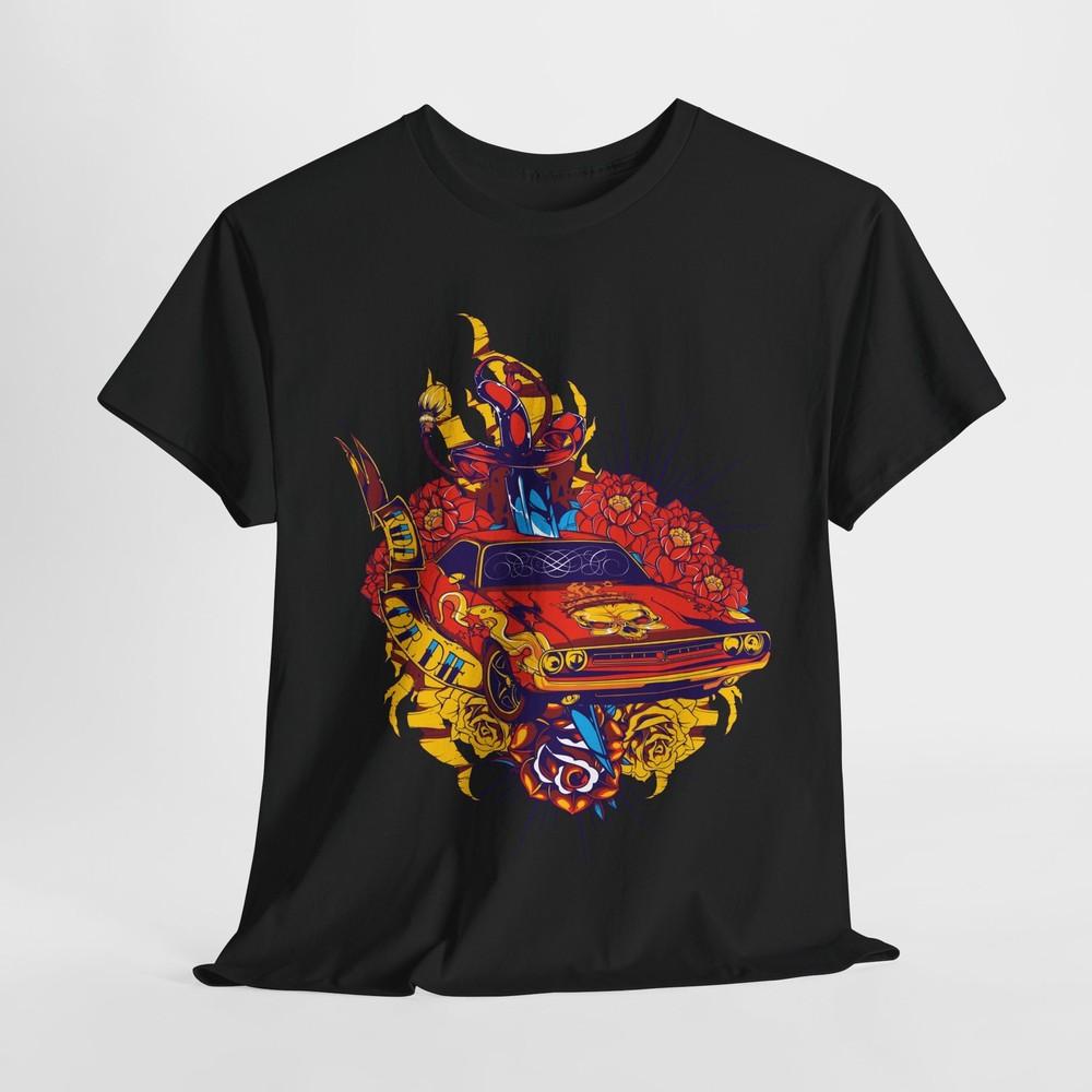 Intricate Muscle Car T-Shirt for Men: Bold Tattoo-Style Graphics & Floral Design Unisex T-Shirt