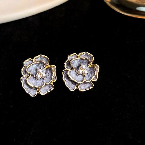 Retro oil painting flower earrings French super fairy purple oil drop earrings high-end earrings