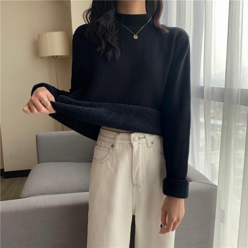 Half High Neck Sweater Women's Loose One-piece Velvet Pullover Long Sleeved Casual Warm Knit Sweater with Thick Solid Color Sweater Autumn and Winter