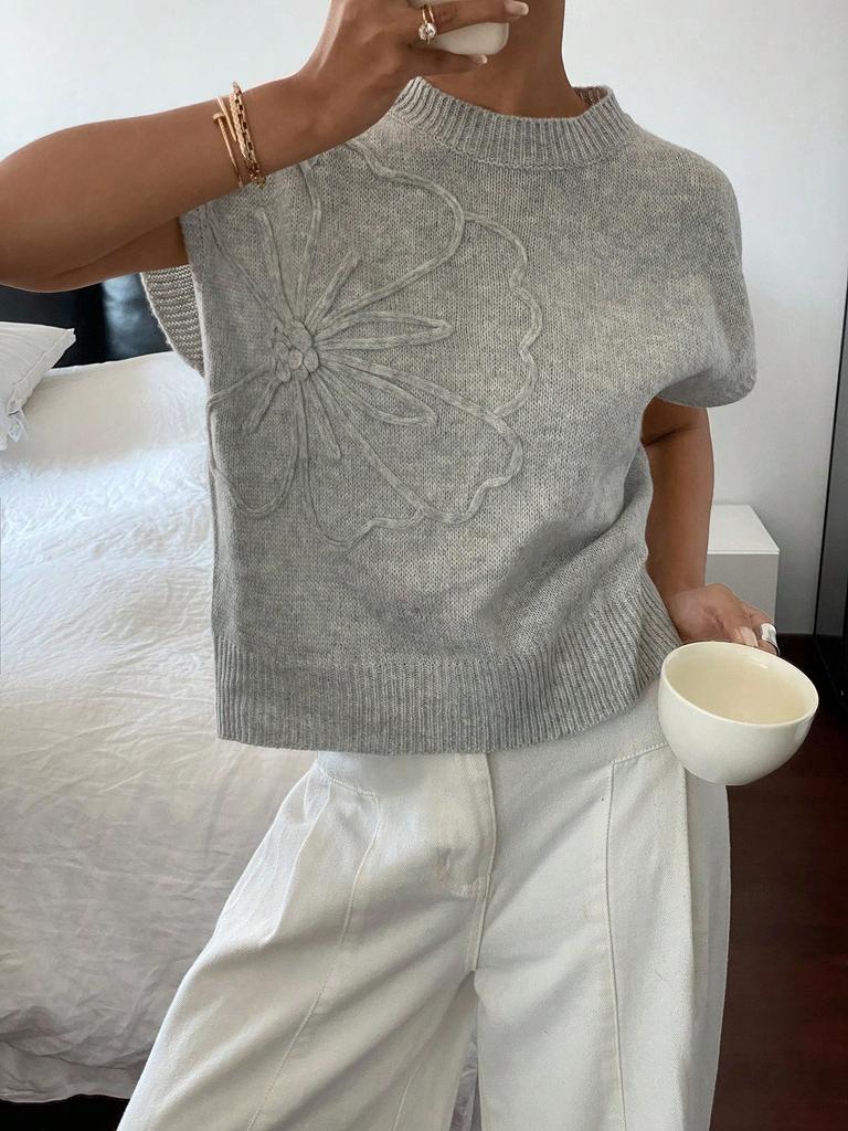 Gilet pull tricoté à col rond avec motif floral 3D élégant pour vêtements pour femmes