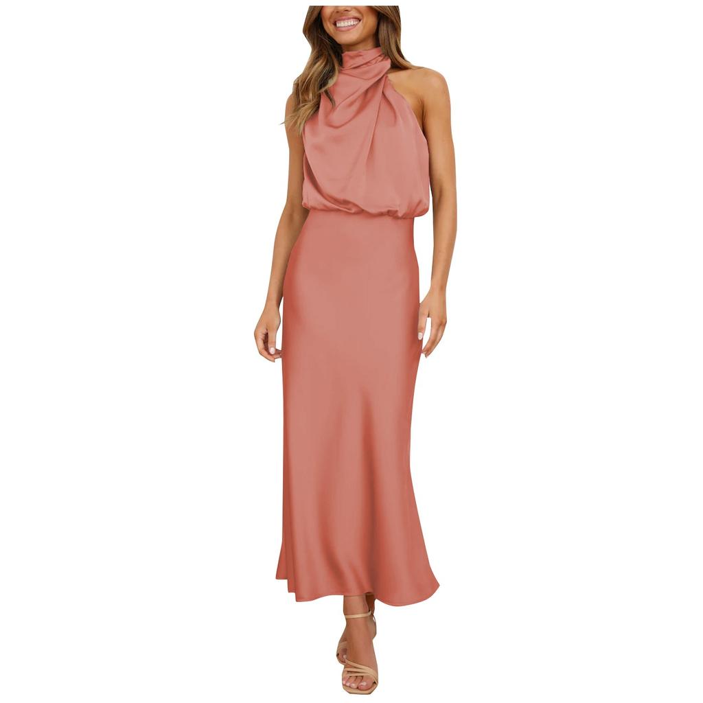 Women Sleeveless Mock Neck Cocktail Dresses Keyhole Elastic Waist Party Wedding Guest Satin High Split Mid Dress