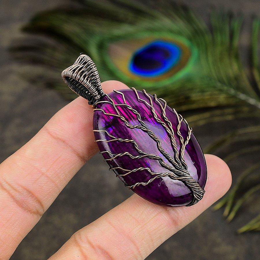 Natural Purple Labradorite Gemstone Copper Wire Wrap Gift Pendant 2.17" m6M07