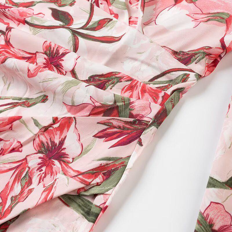 2025 Spring Women's European & American V-neck Print Dress: Fashionable, Long-sleeved, Waist-cinching