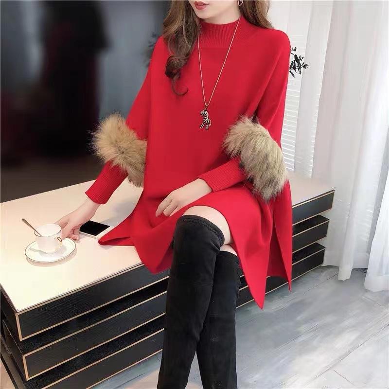 Autumn and Winter New Fur Sleeve Cape Shawl Half High Collar Knitted Pullover Sweater Loose Jacket for Women