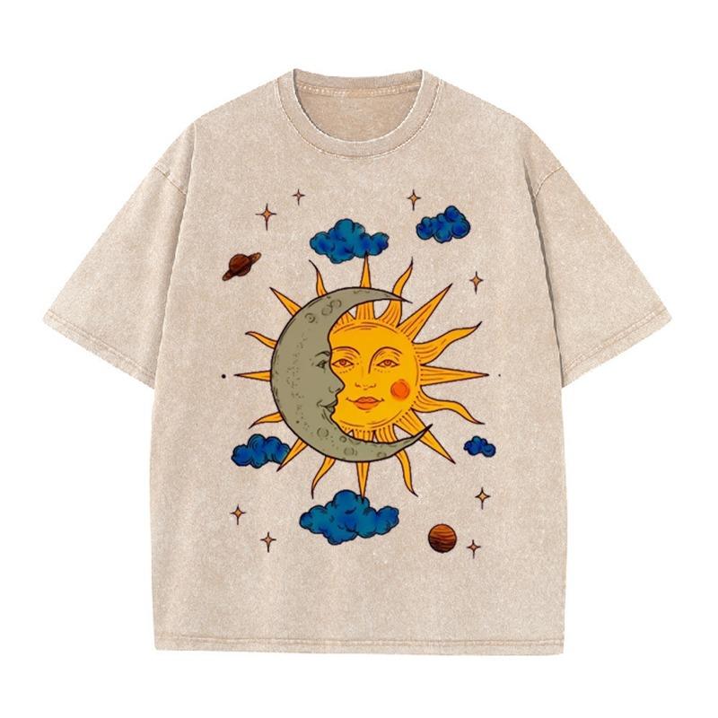 Women's Moon and Sun Printed T-shirt Oversized Short Sleeved Retro Washed Shirt Summer Top