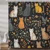 Cute Cat Shower Curtain, Funny Animal Cartoon Cat Floral Wildflower Black Fabric Shower Curtains Set for Bathroom Decorative