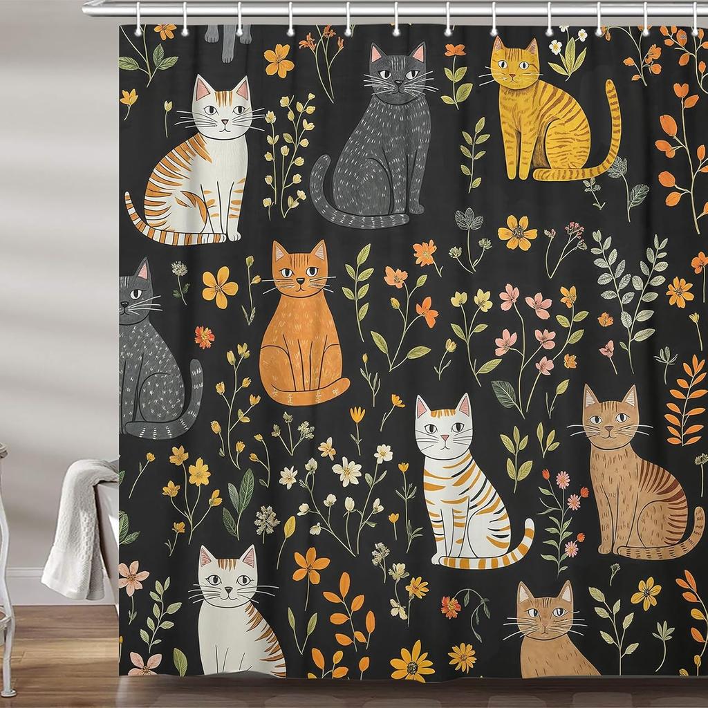 Cute Cat Shower Curtain, Funny Animal Cartoon Cat Floral Wildflower Black Fabric Shower Curtains Set for Bathroom Decorative