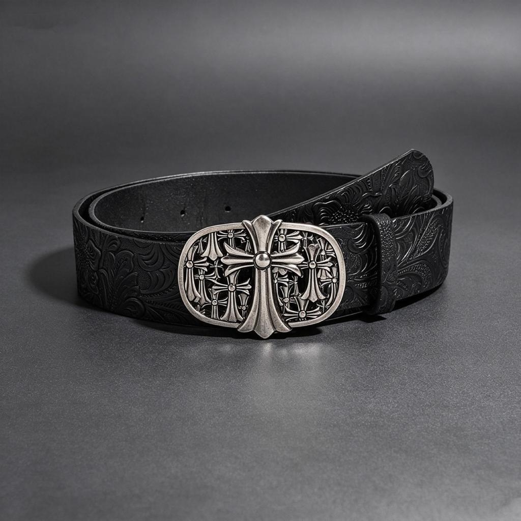 Bohemian Embossed Floral Men's Leather Belt with Cross Alloy Hollow-Out Design