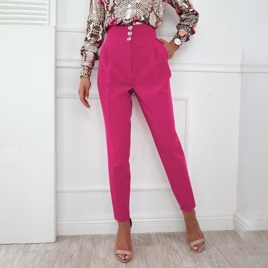 Women's Solid Color Slim Button Zipper High Waist Pocket Calf Pants