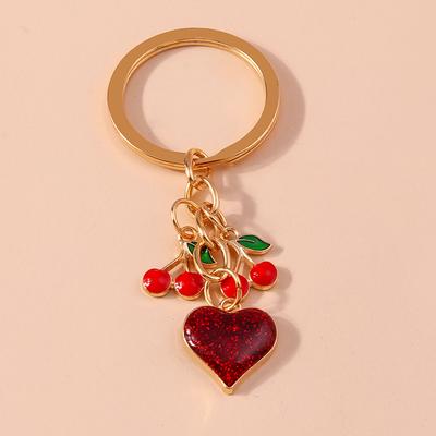 Pretty Enamel Love Heart Keychain Cherry Keyring for Women Men Car Key Holder Handbag Pendants Accessories DIY Jewelry Gift