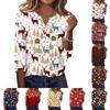 Women's Christmas Print V-Neck T-Shirt with Button Three-Quarter Sleeve Casual Top