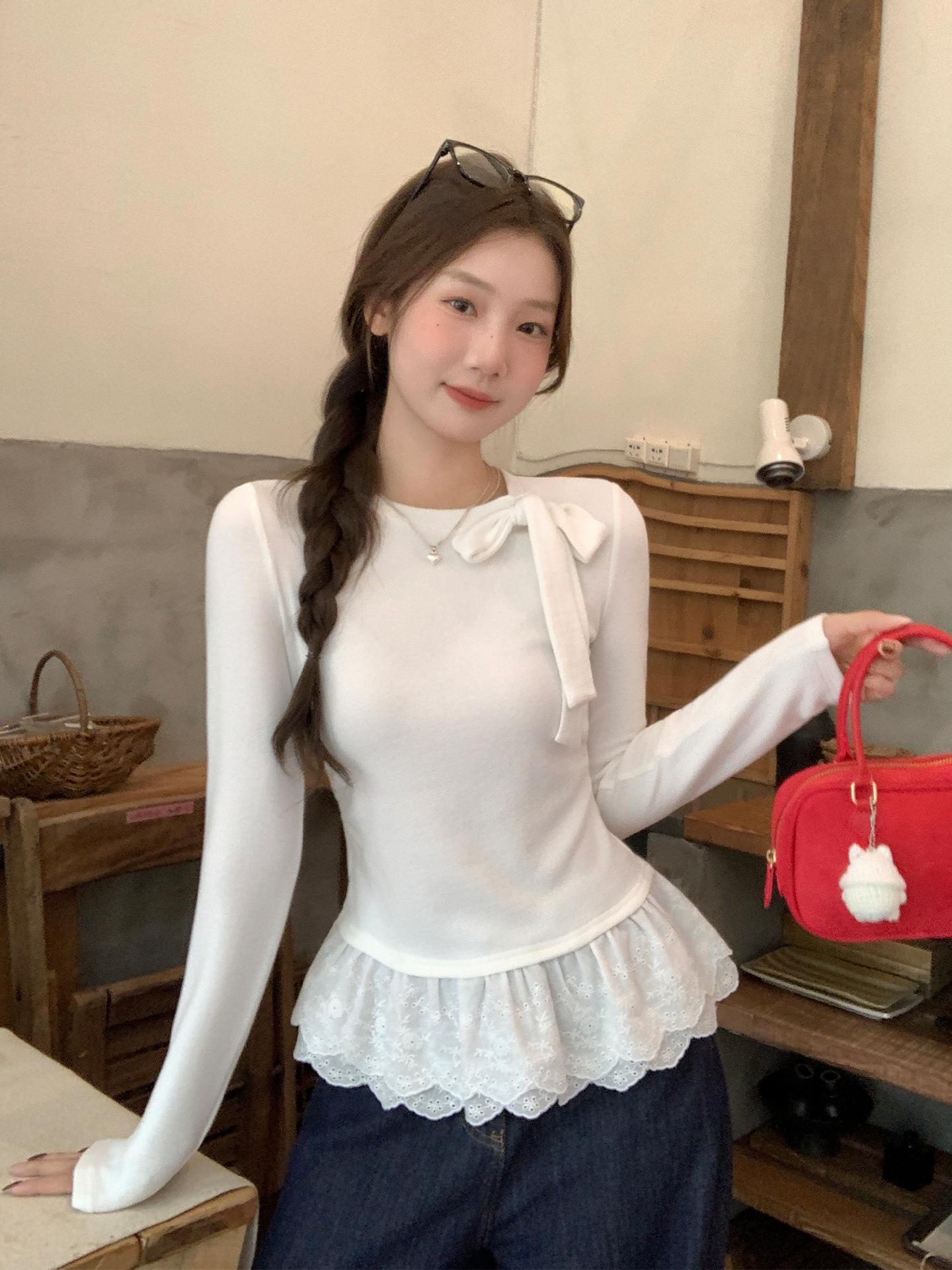 

Ballet style white lace hem lace-up polished long-sleeved T-shirt autumn and winter new inner bottoming shirt top women S грязно-белый