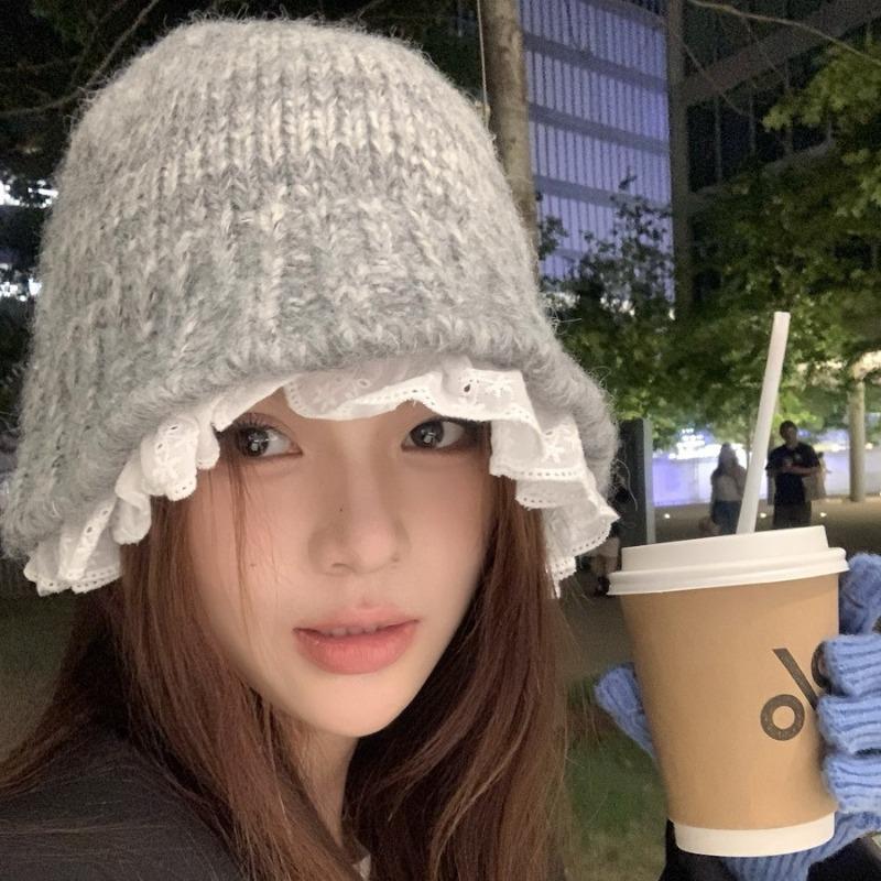 Lace Lace Bucket Hat Women's Autumn and Winter Sweet Wool Knitted Hat Showing Face Small Hat Winter
