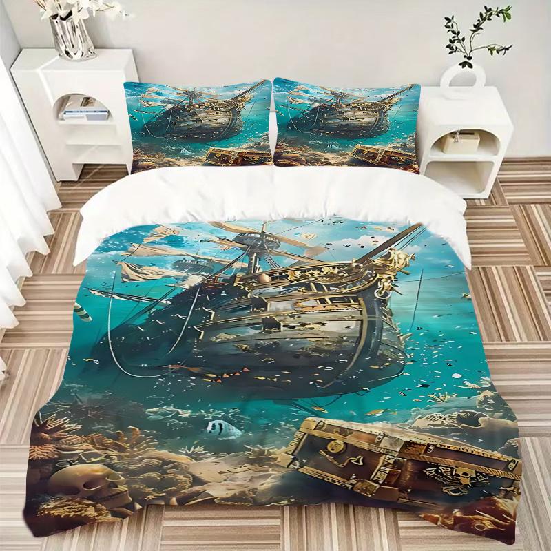 3pcs Pirate Ship Treasure Chest Skull Home Decor Bedding Set - Includes One Quilt Cover and Two Pillowcases (No Core) - Anime Cartoon Design for Bedro