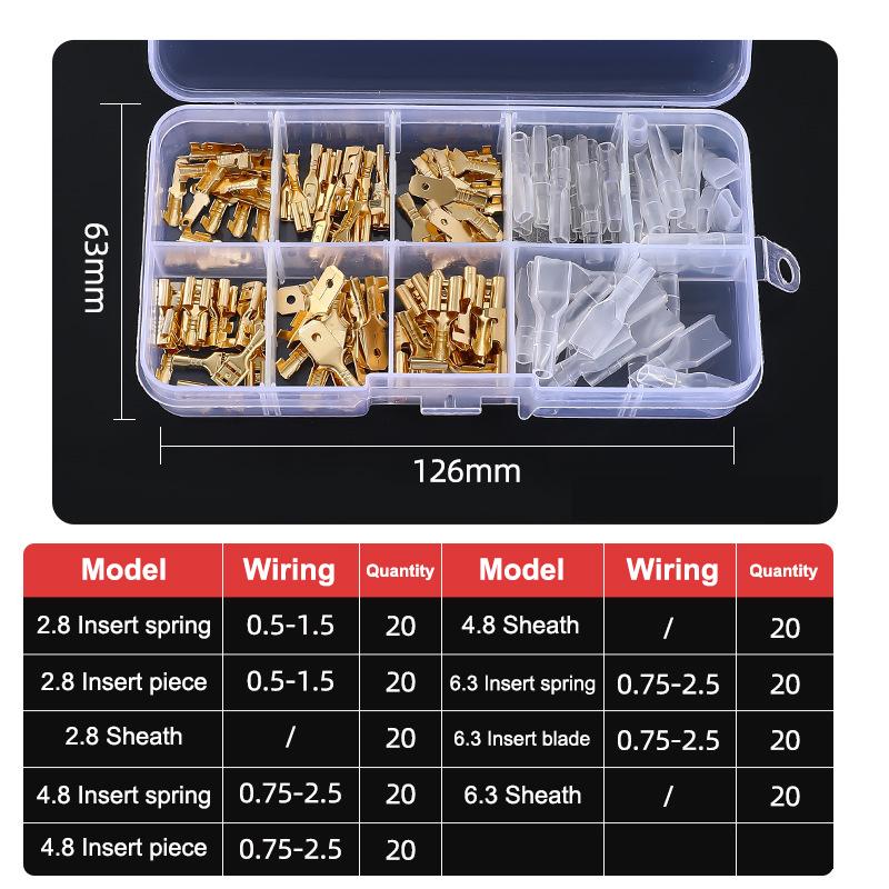 Złącza płaskie 2,8 mm 4,8 mm 6,3 mm, Złącza szybkozłączki męskie i żeńskie, Zestaw asortymentowy w pudełku z osłoną PVC