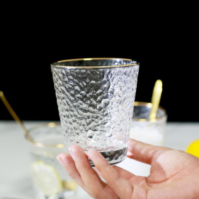 330ml 4ks sada pivní sklenice se zlatým okrajem, domácí japonský styl, kladívkový vzor, průhledný žáruvzdorný čajový šálek