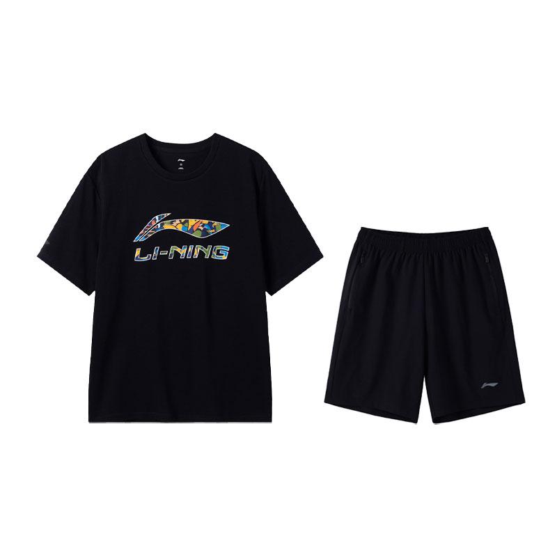 

Li-Ning Versatile Loose Fit Round Neck Fashion Logo T-Shirt Quick Dry Shorts Casual Sports Set Unisex sets Black W843-1+W515-1 S