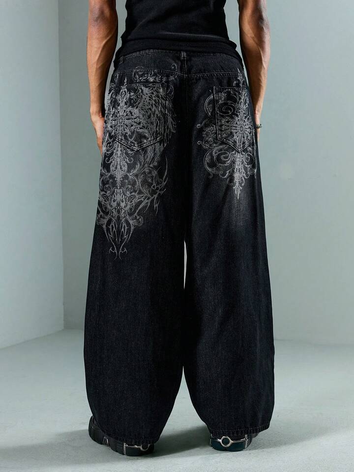 European and American street new pattern printing jeans retro street trendy straight jeans