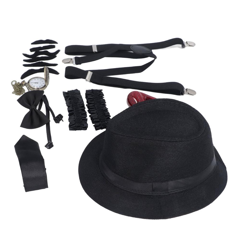8 Pieces 1920s Grandpa Old Man Costumes Set with Suspenders Hat Watch Pipe Bow Tie Glasses Beard Kids 100 Days School