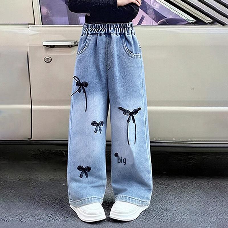 Dívčí podzimní móda 2025 Mašle Rovné džíny - Korejský styl Všestranné kalhoty pro malé holčičky