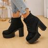 Black Thick High Heels Ankle Boots Women  Plus Size 42 Lace Up Short Booties  Vintage Chunky Platform Flock Boots Woman