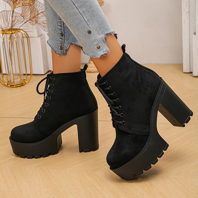 Black Thick High Heels Ankle Boots Women Plus Size 42 Lace Up Short Booties Vintage Chunky Platform Flock Boots Woman