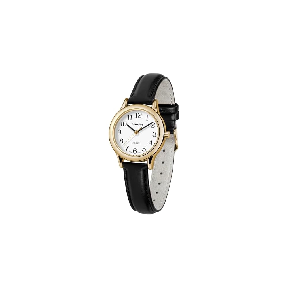 PINDOWS Women's Slim Minimalist Quartz Analog Watch Black Leather Strap Gold Tone Case Elegant Everyday Timepiece