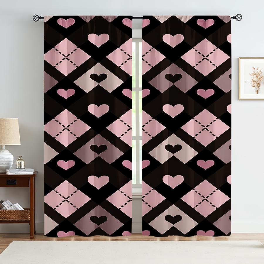 

Black Pink Heart Shaped Curtains Sweet Cool Style Bedroom Living Room Decorative Drawbar Pockets Curtain Set Of 2 Made Polyester Washable Area Ready W100*H70(CM)-Grommet top&2PCS
