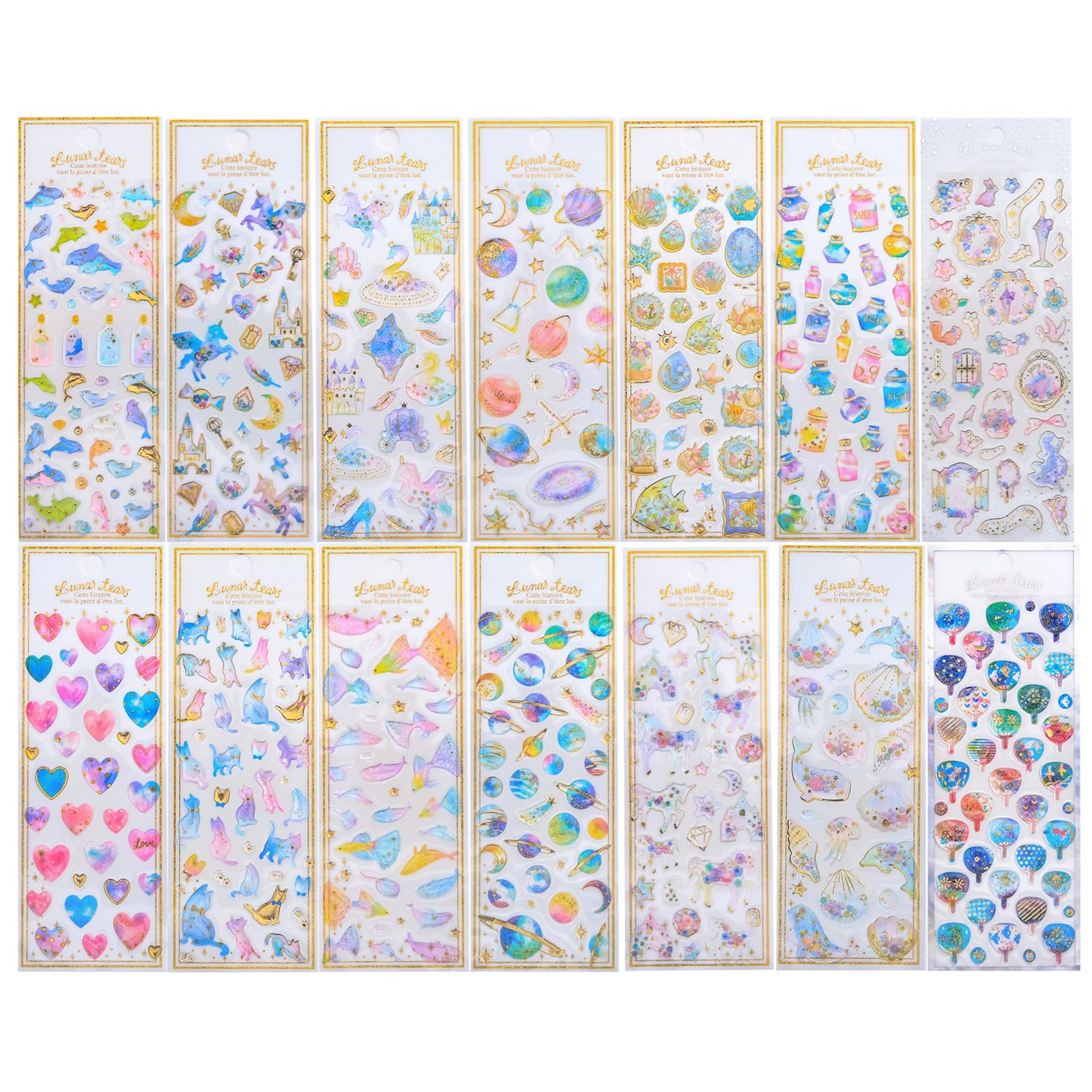 AirAkl Glitter Reward Stickers for Set of 3D Diary Smartphone Decoration Girls, 14, Foil-Stamped, Semi-Transparent Stickers, Gifts, Cute, Sparkly,