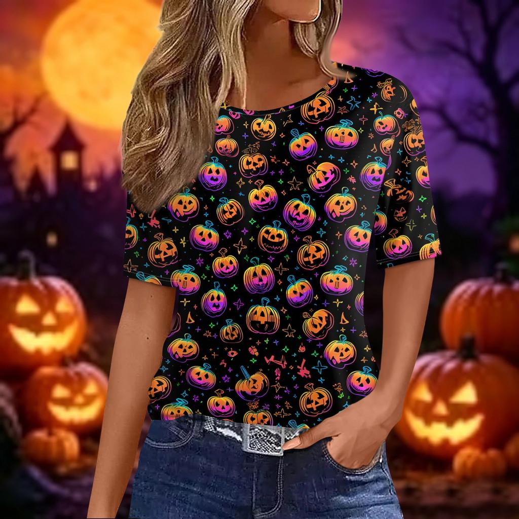 Women's Casual Short Sleeve Crewneck T-Shirt with Halloween and Pumpkin Print for Fall Parties